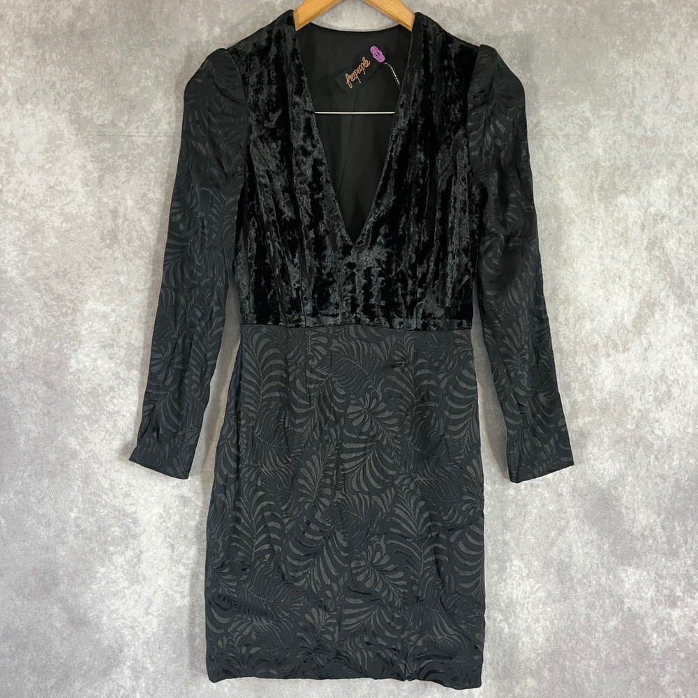 Free People Mini Dress Womens 0 Black Velvet Jacquard V-Neck Long Sleeve Vintage